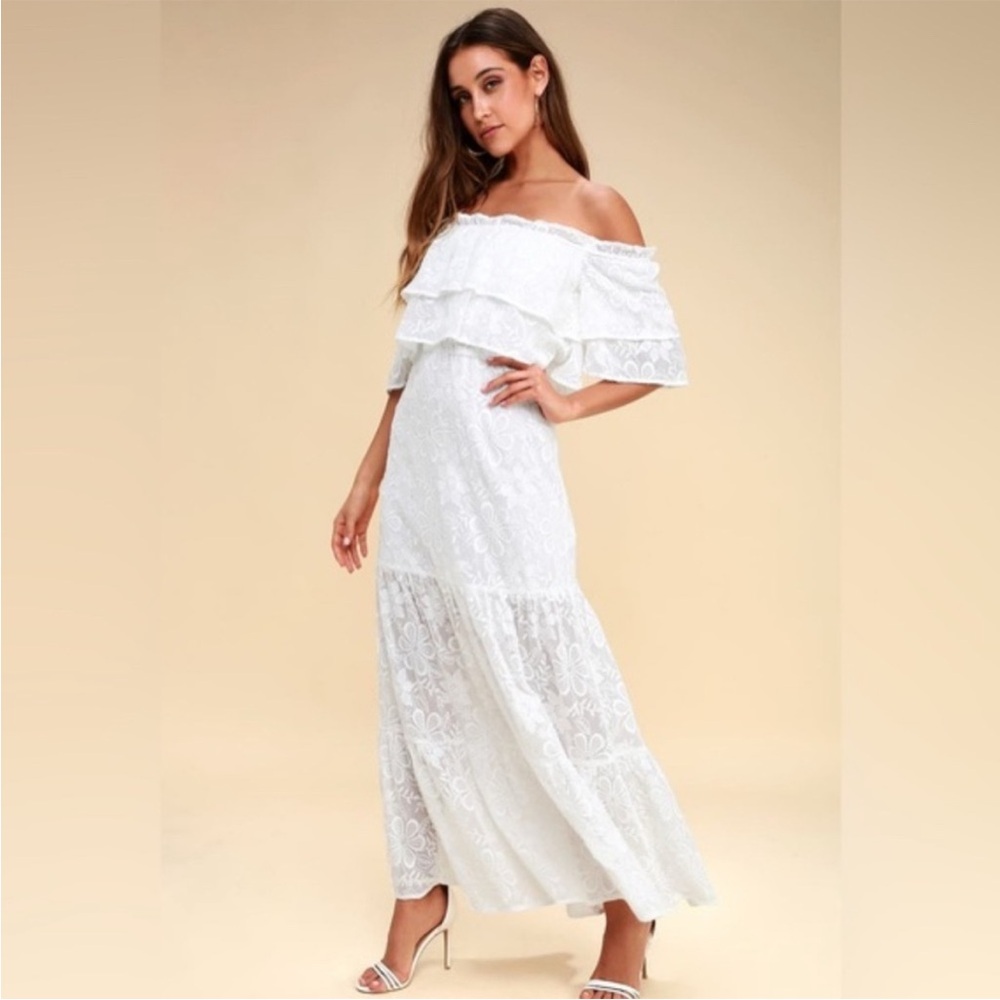BB Dakota Off-Shoulder White Lace Maxi Dress